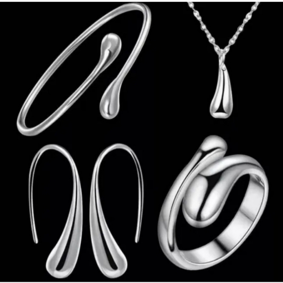925 Sterling Silver Waterdrop Jewelry Set Bracelet Necklace Earrings and Ring - Picture 6 of 16